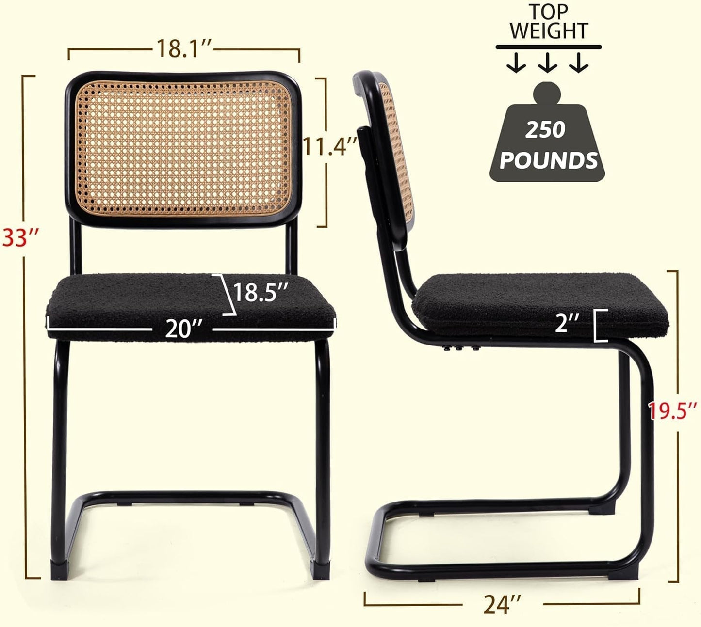 Modern Cesca Cane Dining Chairs, Set of 2, Handwoven Rattan Cane Back, Chrome Base, Upholstered Boucle Seat, Ideal for Kitchen or Dining Room, Black-2