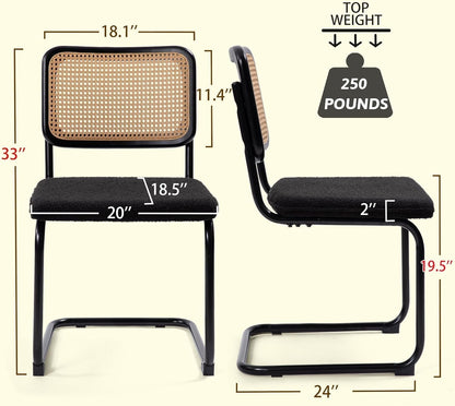 Modern Cesca Cane Dining Chairs, Set of 2, Handwoven Rattan Cane Back, Chrome Base, Upholstered Boucle Seat, Ideal for Kitchen or Dining Room, Black-2