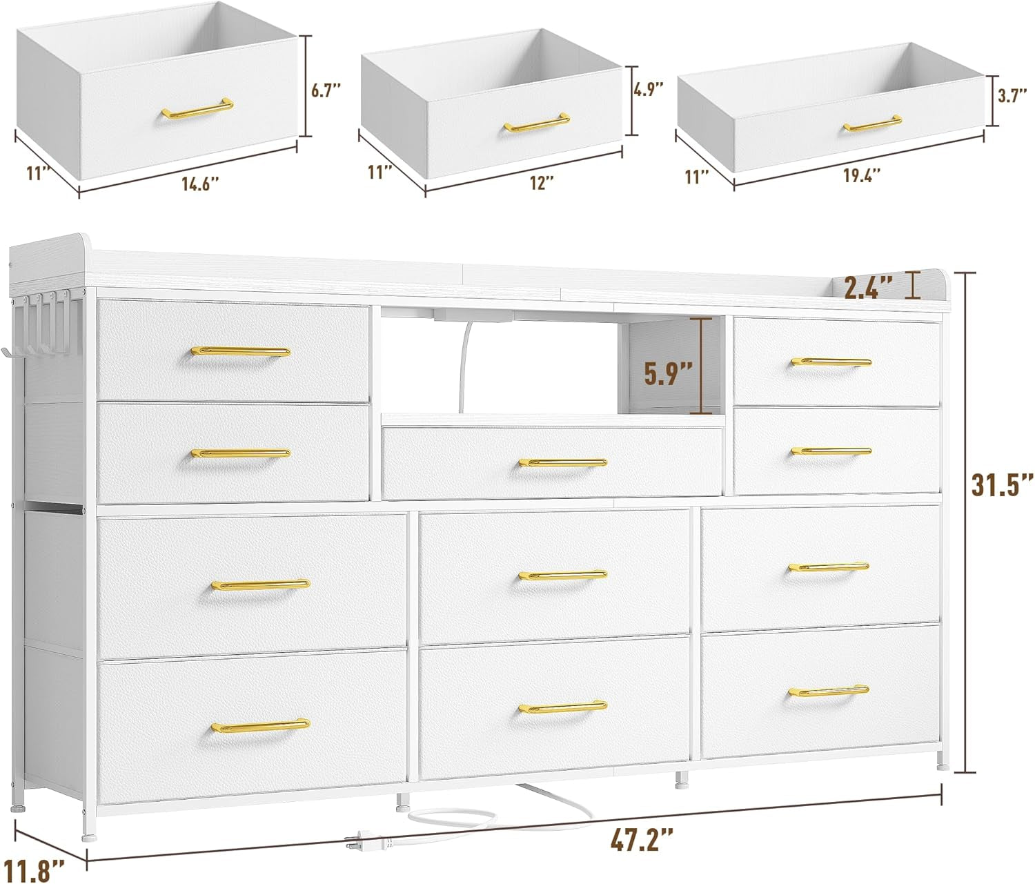 Dresser for Bedroom with 11 Drawers for 60" TV Stand for Bedroom with LED Lights & Charging Station Long Dresser with Shelves & 4 Hooks Sturdy Metal Frame & Fabric Drawers (White)-2