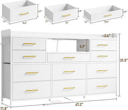 Dresser for Bedroom with 11 Drawers for 60" TV Stand for Bedroom with LED Lights & Charging Station Long Dresser with Shelves & 4 Hooks Sturdy Metal Frame & Fabric Drawers (White)-2