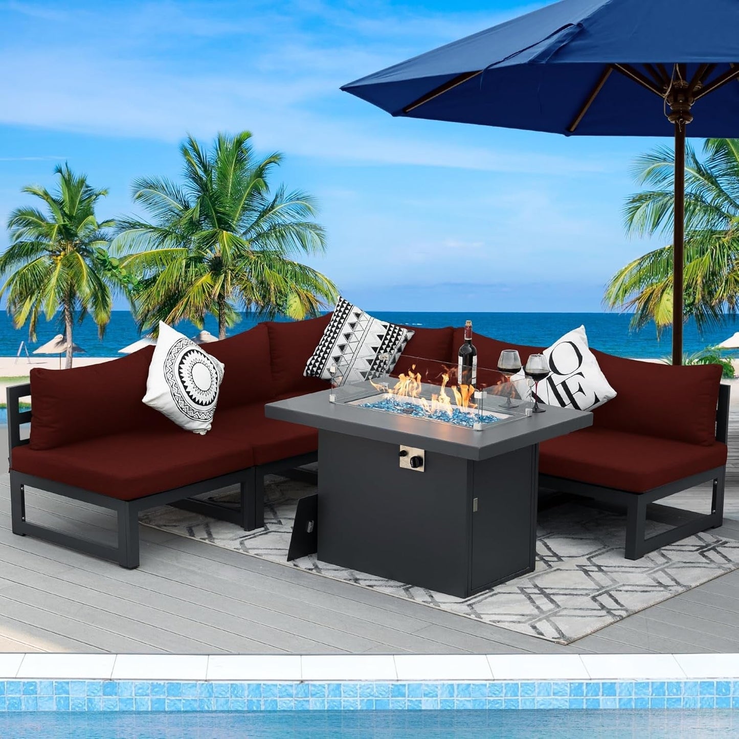 ® Modern Large Grey Aluminum Outdoor Patio Furniture Set with Propane/Natural Gas Fire Pit Table, 29'' Deep Wide Seating Conversation Sofa L Shaped Sectional Couch Set (6 Pieces, 5 Seats)-0