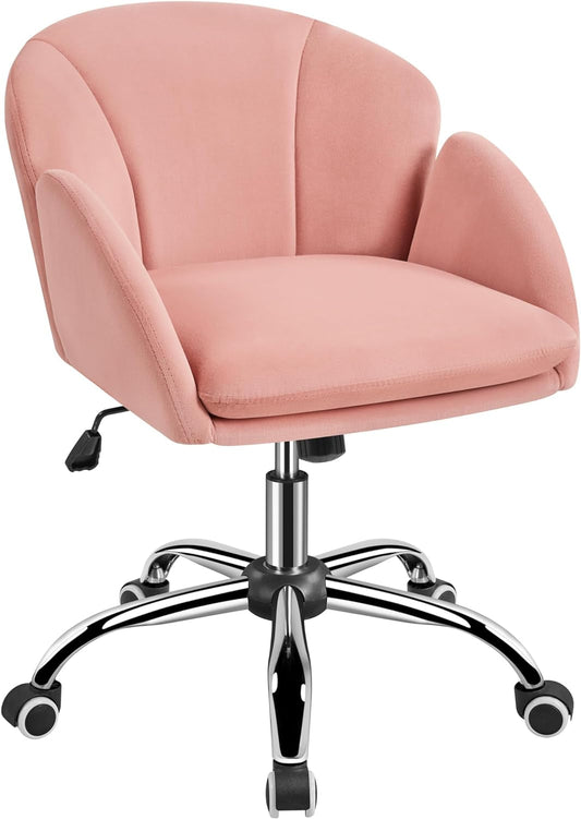 Pink Desk Chair Cute Velvet Chair for Home Office, Vanity Chair with Wheels Armrests Modern Swivel Rolling Chair for Bedroom-0