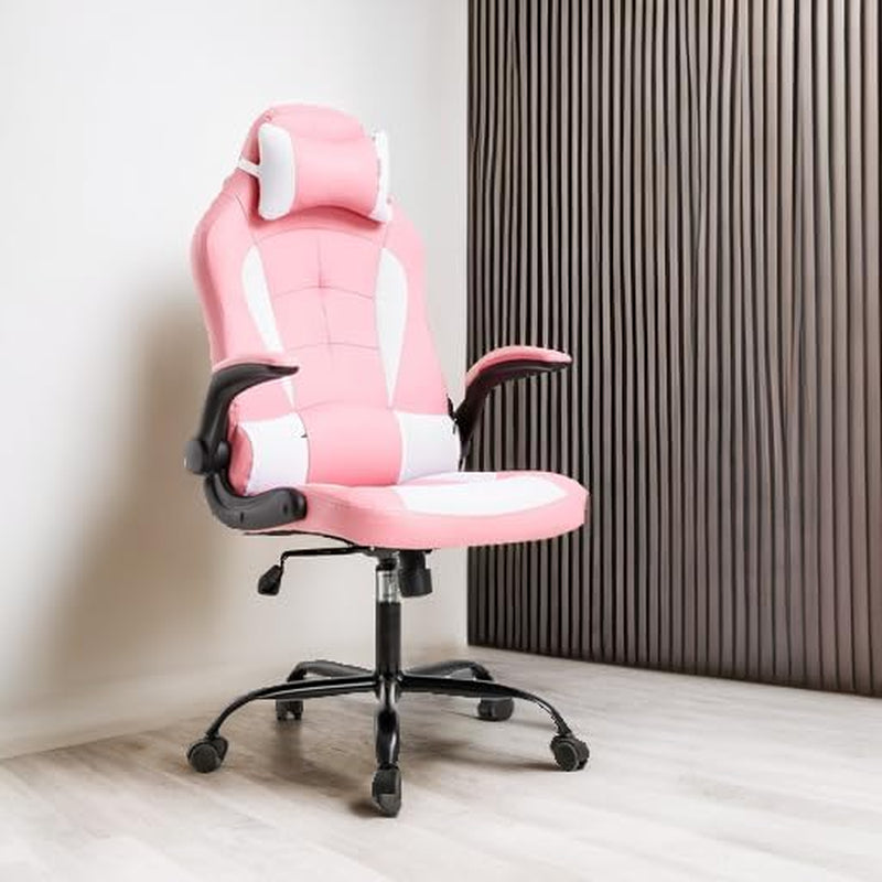 Gaming Chair Office Chair Desk Chair with Lumbar Support Flip up Arms Headrest Swivel Rolling Adjustable PU Leather Racing Computer Chair for Girls,Pink-1