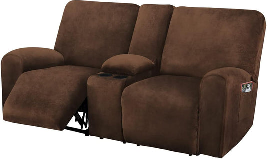 Reclining Loveseat Cover 8-Piece Velvet Stretch, Chocolate-0