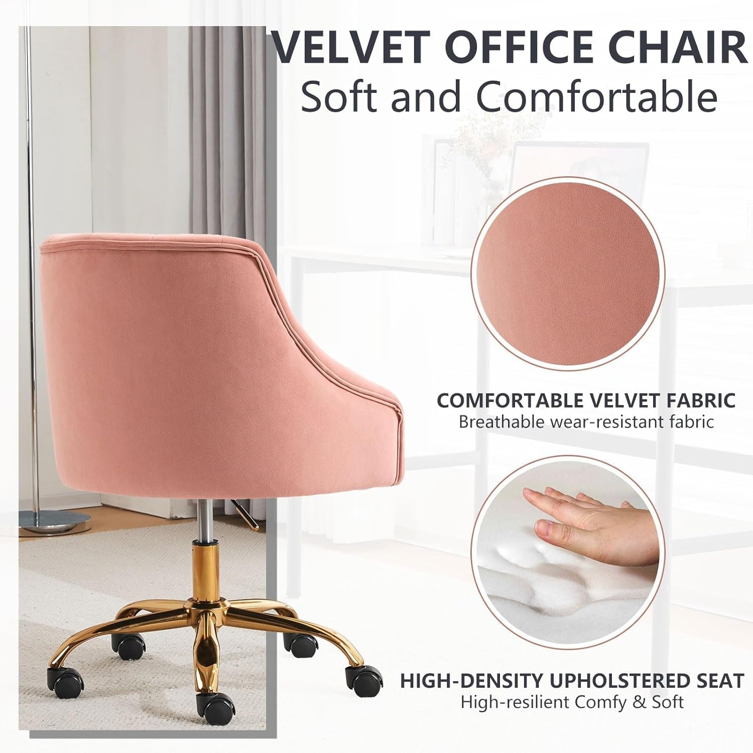 Velvet Office Swivel Chair, Vanity Chair, Fabric Desk Chair, Pretty Fancy Chair, Gold Office Chair for Girls, 360°Swivel Height Adjustable Reception Chair (Pink)-3