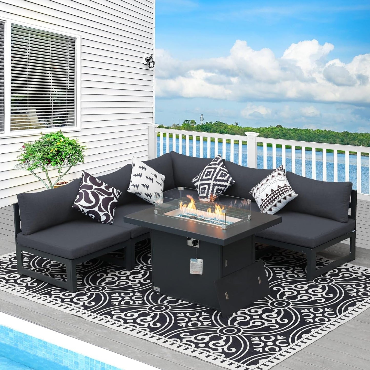 Modern Grey Aluminum 6-Piece Patio Sofa Fire Pit Set-0