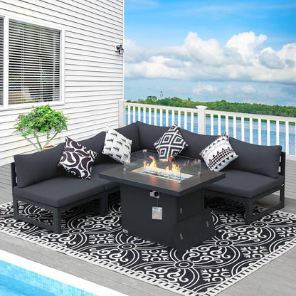 Modern Grey Aluminum 6-Piece Patio Sofa Fire Pit Set-0
