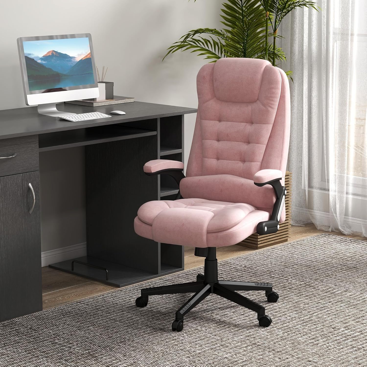 6 Point Vibrating Massage Office Chair with Heat, Velvet High Back Executive Office Chair with Reclining Backrest, Padded Armrests and Remote, Pink-1