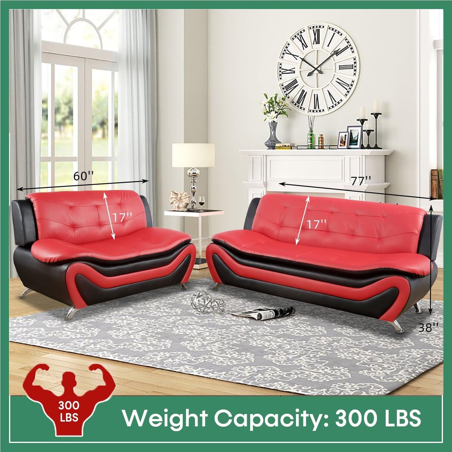 Black & Red Leather 3-Piece Living Room Sofa Set-1