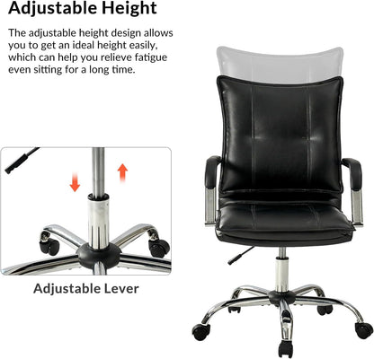 Faux Leather Home Office Desk Chair, Adjustable Swivel Computer Chair with Sliver Legs and Arms, Comfy Upholstered Task Chair(Black)-4