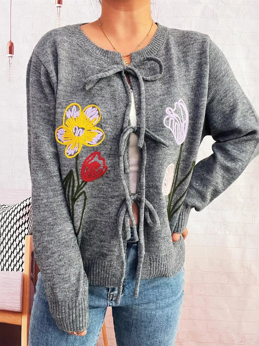 Floral Ribbed Hem Tie Front Cardigan