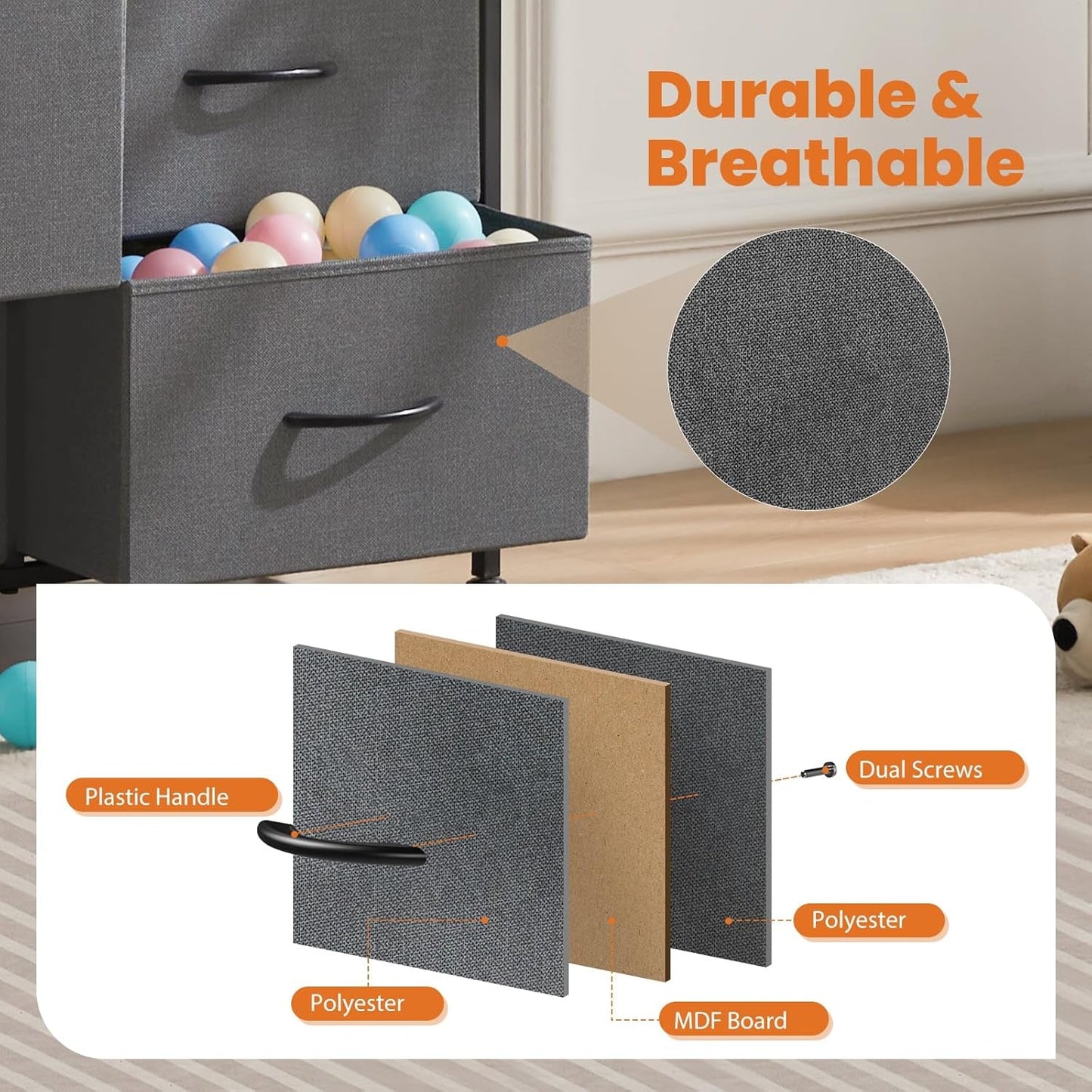 Dresser, Tall Dresser for Bedroom, Drawer Dresser Organizer Storage Drawers with 10 Drawers, Chest of Drawers with Fabric Bin, Steel Frame, Wood Top for Bedroom, Closet, Entryway-4