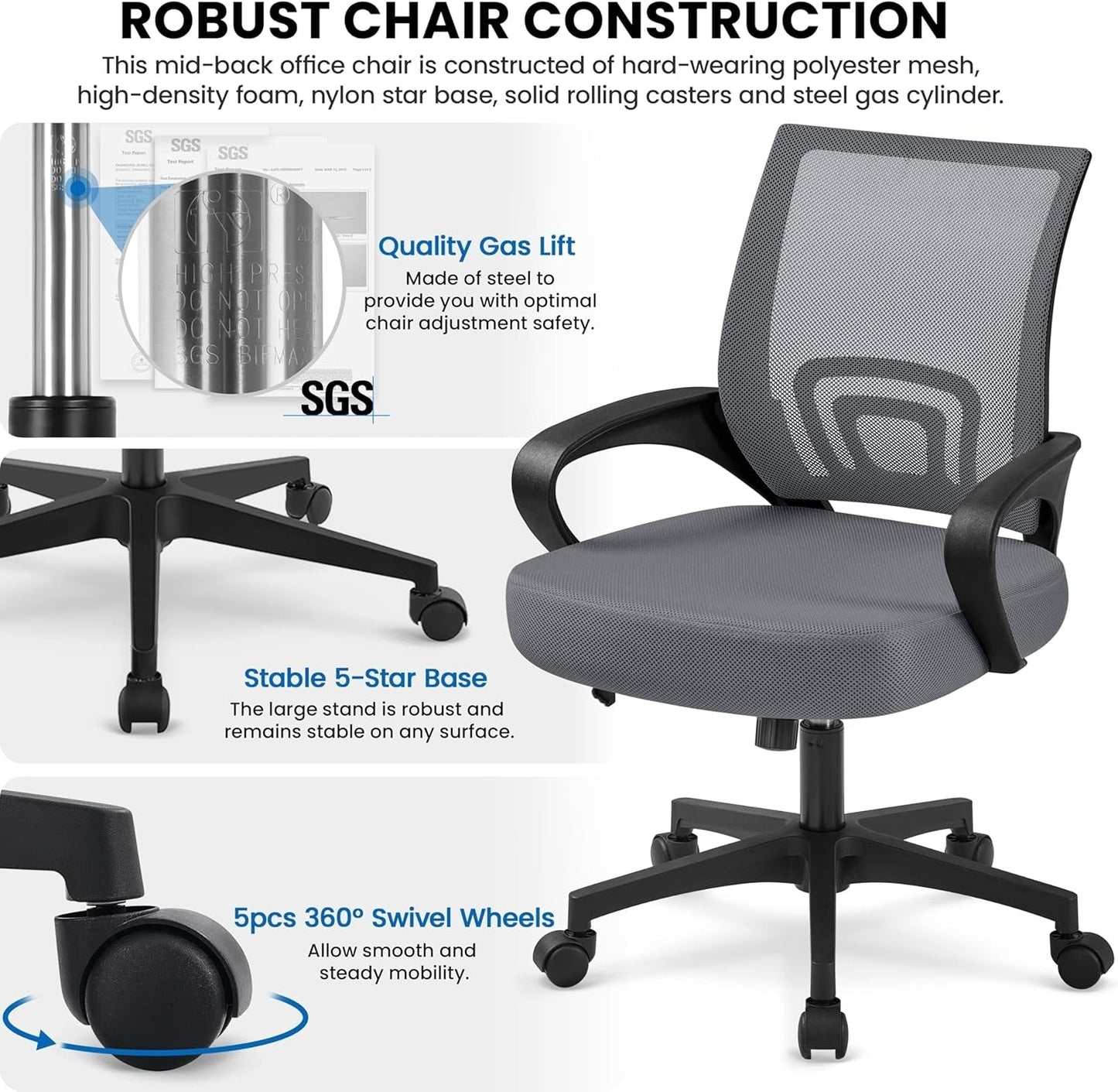 Office Chair Mid Back Executive Task Swivel Rolling Gaming Lumbar Support Modern Desk Computer Ergonomic Mesh Embody Chair Rolly Study Chair with Armrests, Dark Grey-4