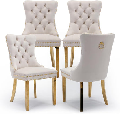 Velvet Upholstered Dining Chairs Set of 4, Modern Style Kitchen Side Chairs with Nailhead Trim and Gold Plated Leg, Metal Pulling Ring for Dining Room Living Room(Beige-Gold Plated Leg)-0