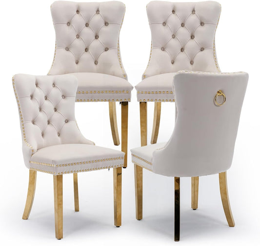 Velvet Upholstered Dining Chairs Set of 4, Modern Style Kitchen Side Chairs with Nailhead Trim and Gold Plated Leg, Metal Pulling Ring for Dining Room Living Room(Beige-Gold Plated Leg)-0