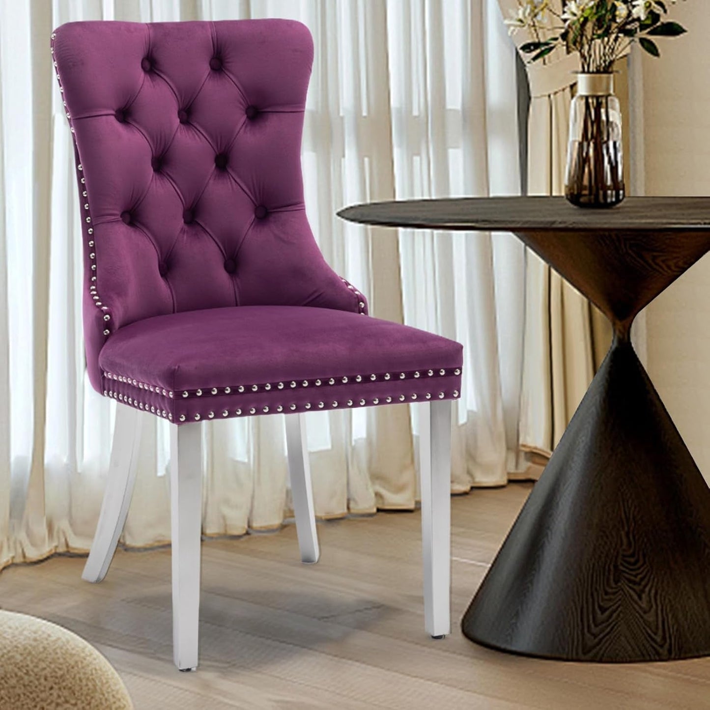 Velvet Upholstered Dining Chairs Set of 4, Modern Kitchen Side Chairs with Nailhead Trim and Silver Plated Leg, Metal Pulling Ring for Dining Room Living Room(Purple-Silver Plated Leg)-3
