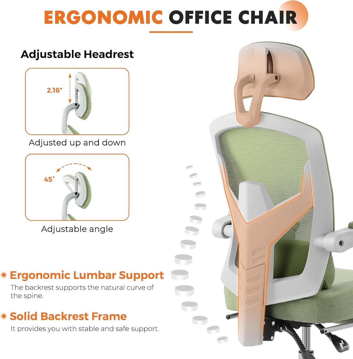 Office Computer Desk Chair, Ergonomic High-Back Mesh Rolling Work Swivel Chairs with Wheels, Comfortable Lumbar Support, Comfy Arms for Home, Bedroom, Study, Student, Green-3
