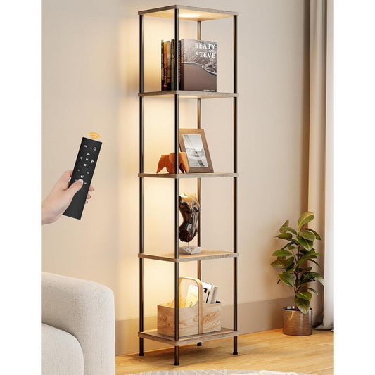 Display Shelf with RGBW Light, Color Changing Curio Cabinet Floor Lamp with Shelves Corner Standing Column Lamp Etagere Organizer Tower Nightstand Bookcase for Living Room Bedroom Office Décor, Gray-0