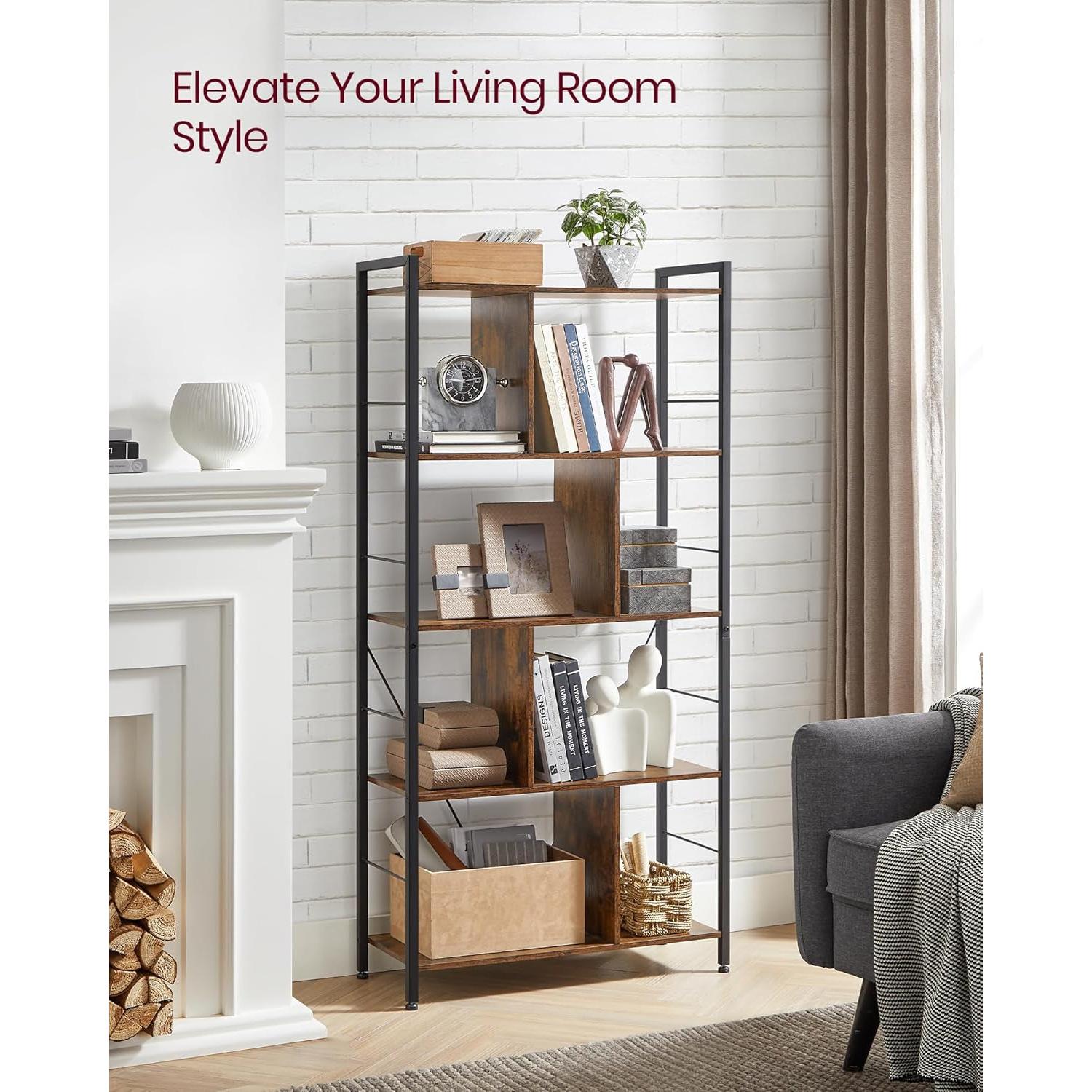 Bookshelf, 5-Tier Bookcase, Storage Shelving Unit, Display Shelf with Open Compartments for Living Room, Home Office, Bedroom, Industrial, Rustic Brown and Black ULBC121B01-3