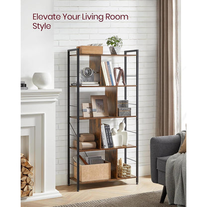 Bookshelf, 5-Tier Bookcase, Storage Shelving Unit, Display Shelf with Open Compartments for Living Room, Home Office, Bedroom, Industrial, Rustic Brown and Black ULBC121B01-3