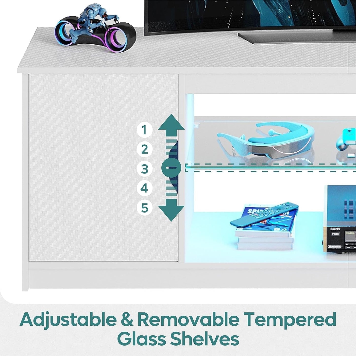 LED TV Stand with Power Outlets for 55/60/65 Inch TV, Gaming Entertainment Center with Cabinet for PS5, Modern TV Cabinet with Adjustable Glass Shelves for Bedroom 58 Inch Carbon Fiber White-4