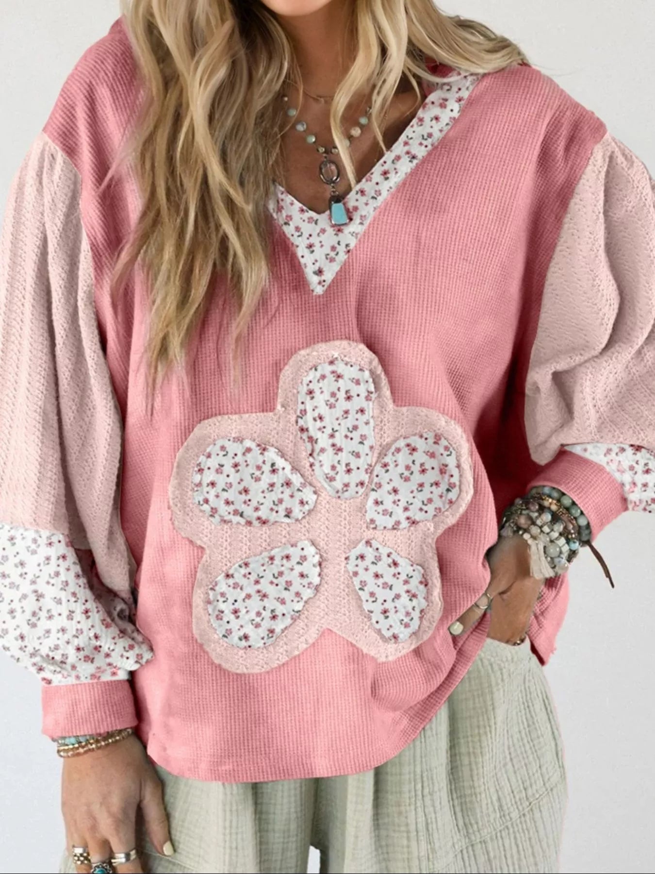 Floral Patch V-Neck Sweatshirt