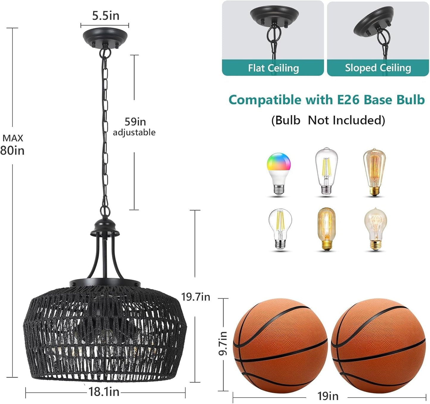 5-Light Black Rattan Chandelier Farmhouse Dining Room-4