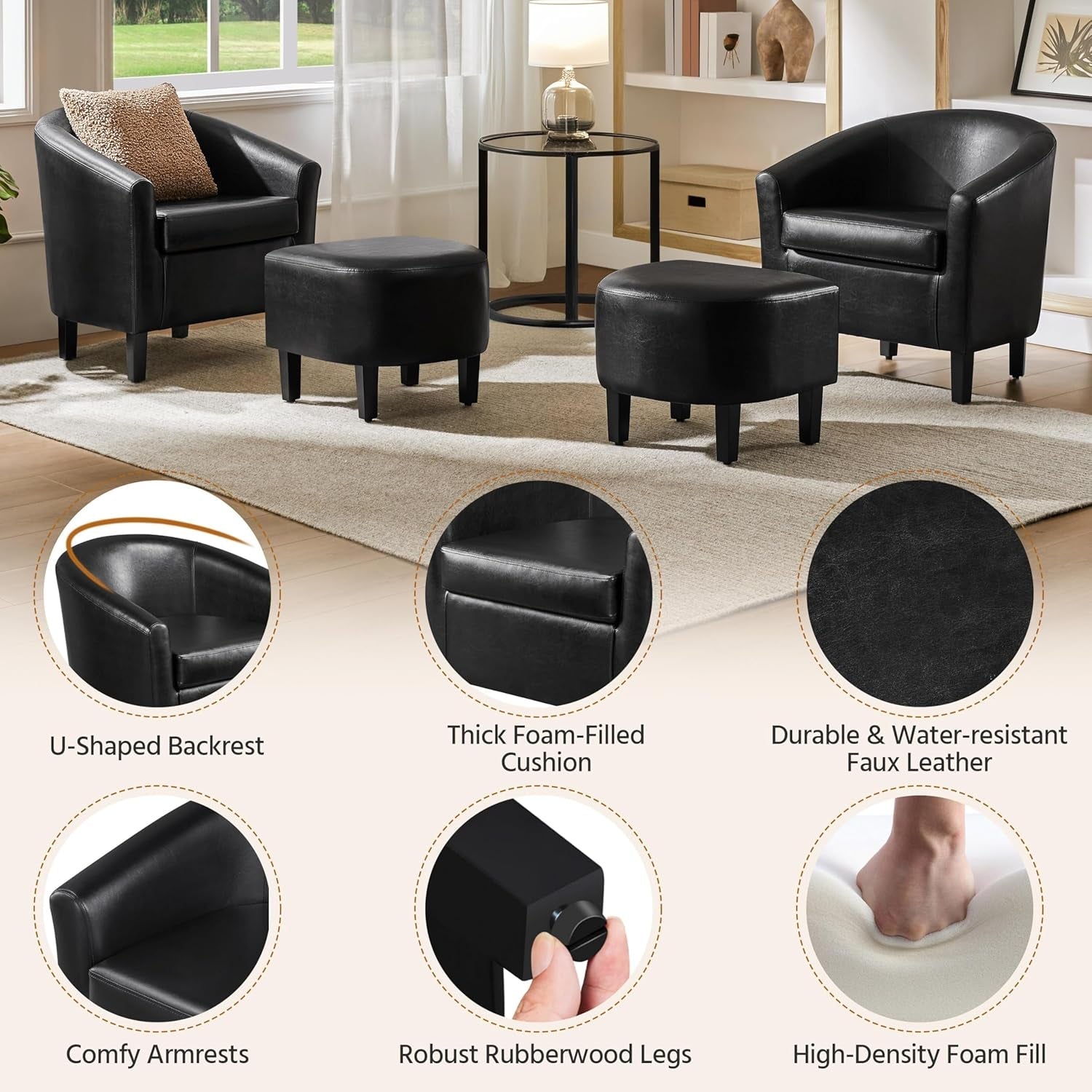 Modern Black Faux Leather Accent Chair With Ottoman Set-4
