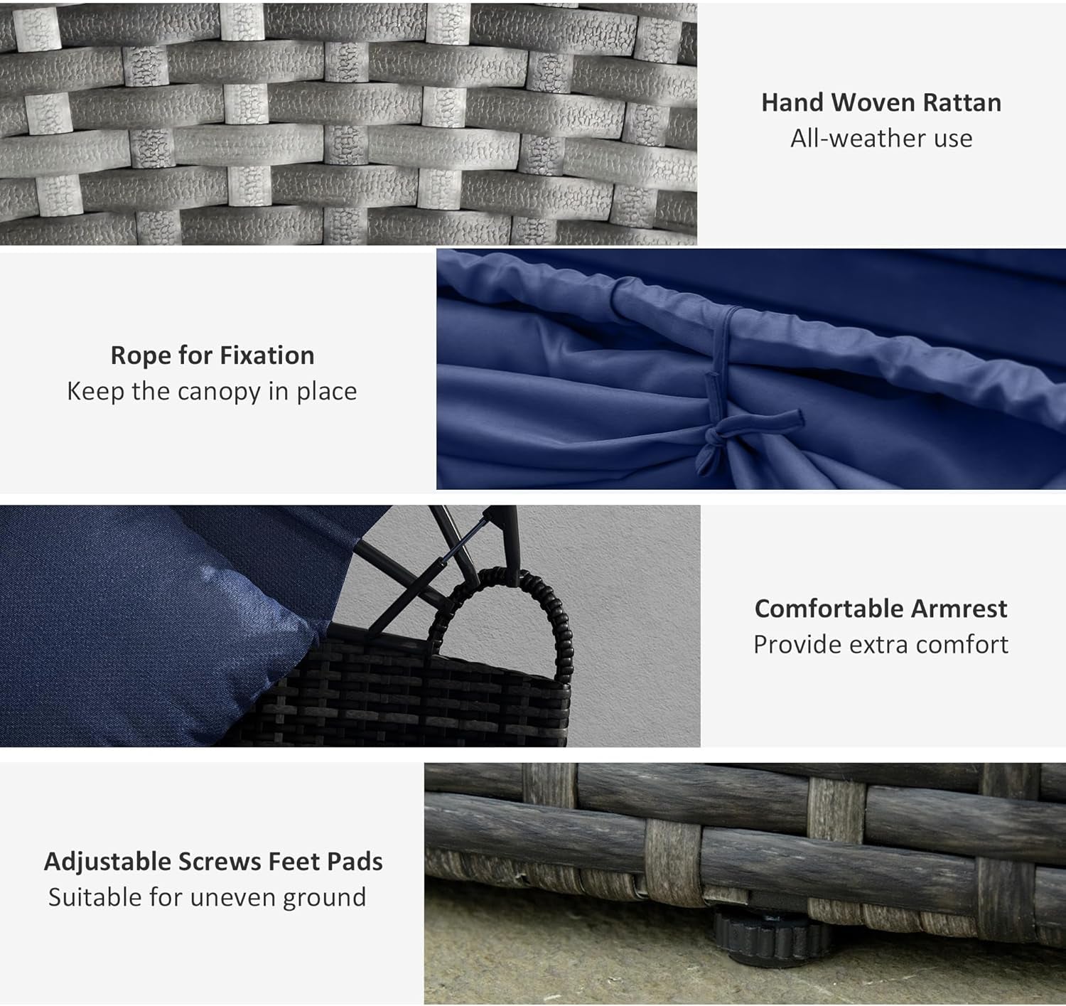 4-Piece round Convertible Daybed with Cushions, Outdoor PE Rattan Patio Wicker Sofa Set, Sunbed with Adjustable Sun Canopy, Sectional Sofa, 2 Chairs, Table, 3 Pillows, Dark Blue-3