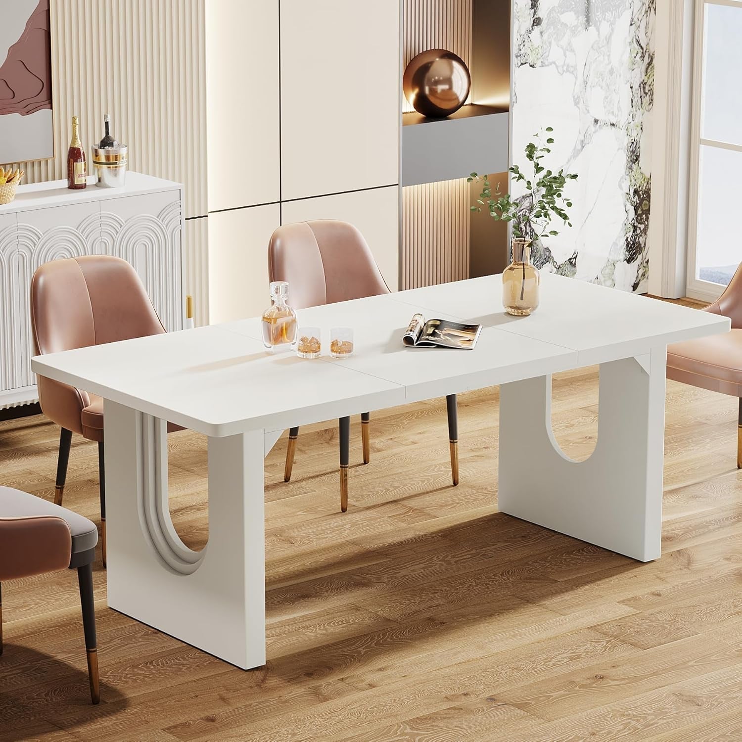 Modern Dining Table for 6 to 8 People, 71" Large Kitchen Dining Table with Wood Pedestal Base, Rectangular Long Dinner Table for Kitchen, Dining Room, Living Room, White-0