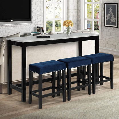 Blue Velvet Bar Table with 3 Stools, Faux Marble-0