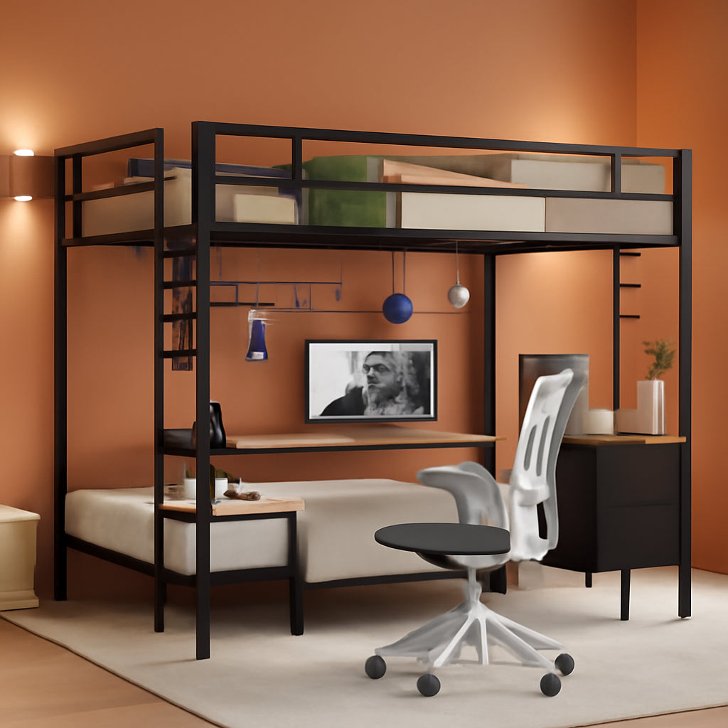 Full over Twin Bunk Bed with Desk and Charging Station Metal Full Size over Twin Loft Bed with Led Lights & Storage Shelves and Drawers for Teen,Safety Guard & Stairs,No Box Spring Needed,Black-0