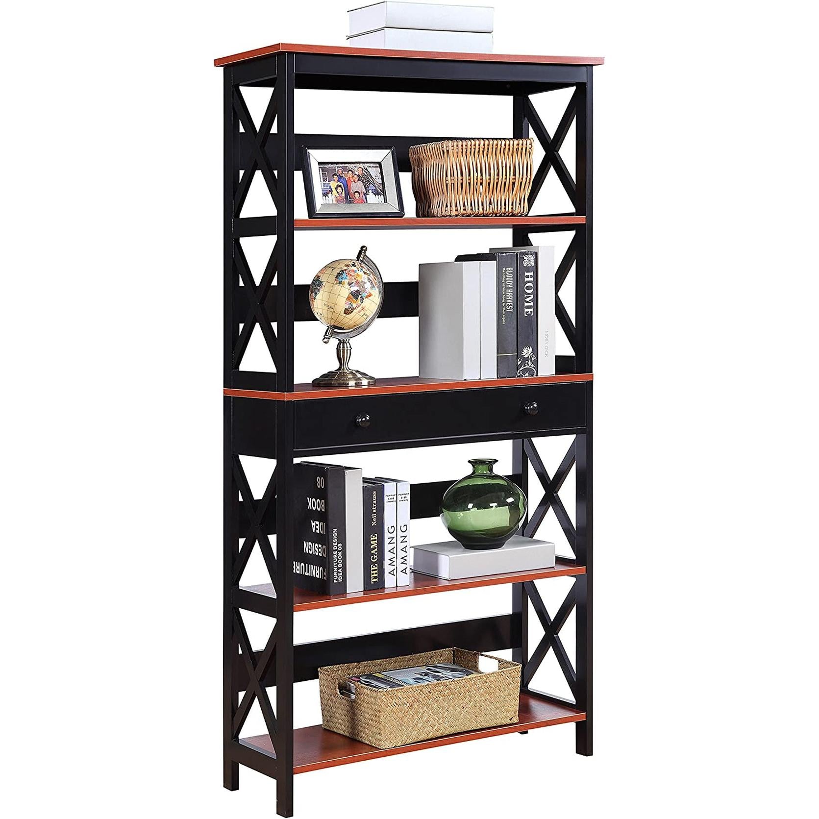 Cherry/Black Oxford Bookcase with Drawer (5 Tier)-2