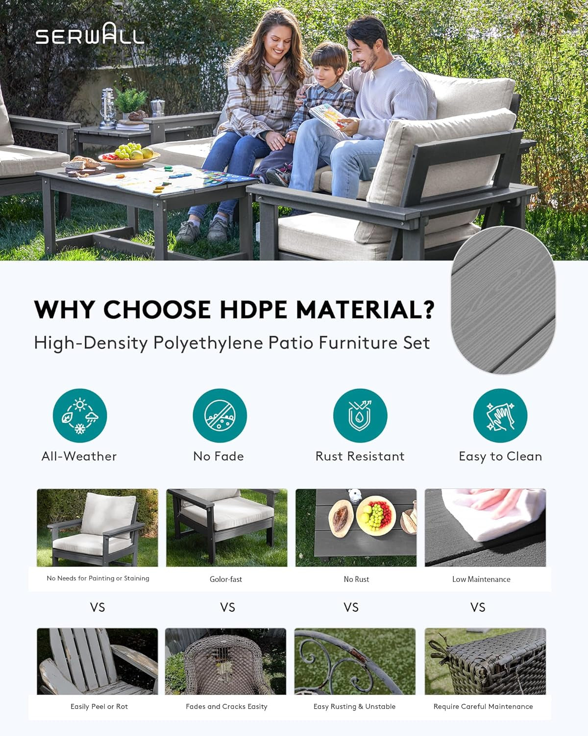 HDPE Outdoor Patio Furniture Set, 7-Piece Outdoor Sectional Patio Conversation Set, All Weather Outdoor Couch Set Patio Sofa Set for Deck, Lawn, Grey Frame with Khaki Cushion-2