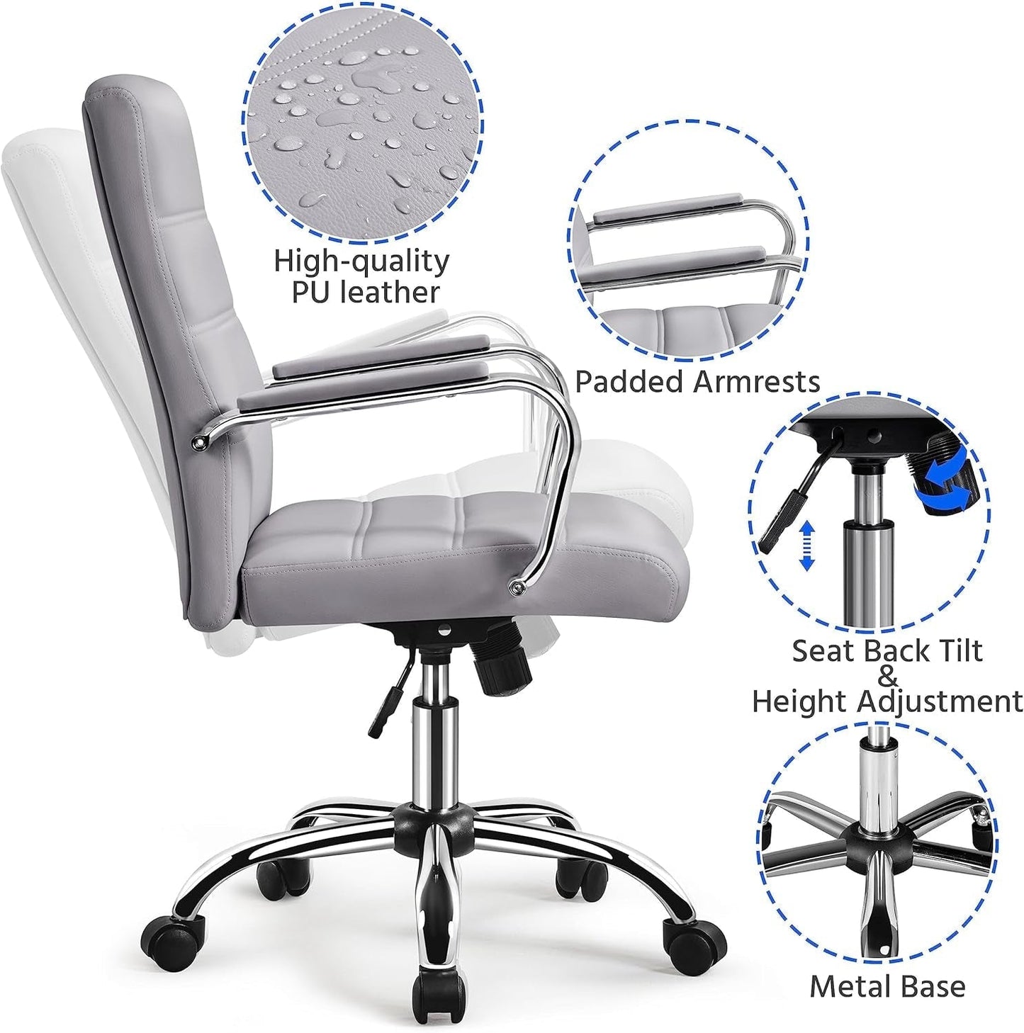 Mid-Back Office Chair with Arms Swivel PU Leather Height Adjustable Office Executive Chair, Light Gray-4