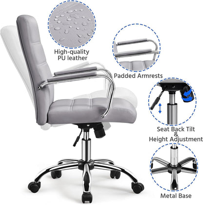 Mid-Back Office Chair with Arms Swivel PU Leather Height Adjustable Office Executive Chair, Light Gray-4