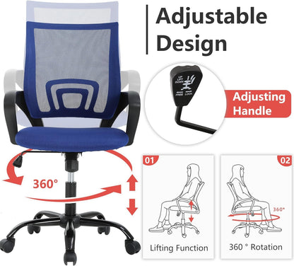 Office Chair Computer Chair Ergonomic Cheap Desk Chair Adjustable Comfortable Mid Back Task Rolling Swivel Chair with Lumbar Support for Home Office Desk (Blue)-2