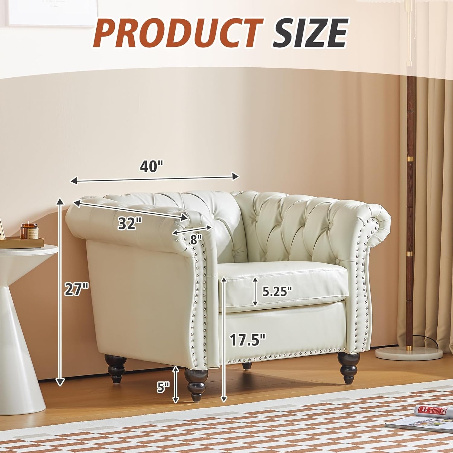 2 Piece Living Room Set, Chesterfield Faux Leather Sofa Couch Chair with Scroll Arms and Nailhead for Living Room, Office (White)-1