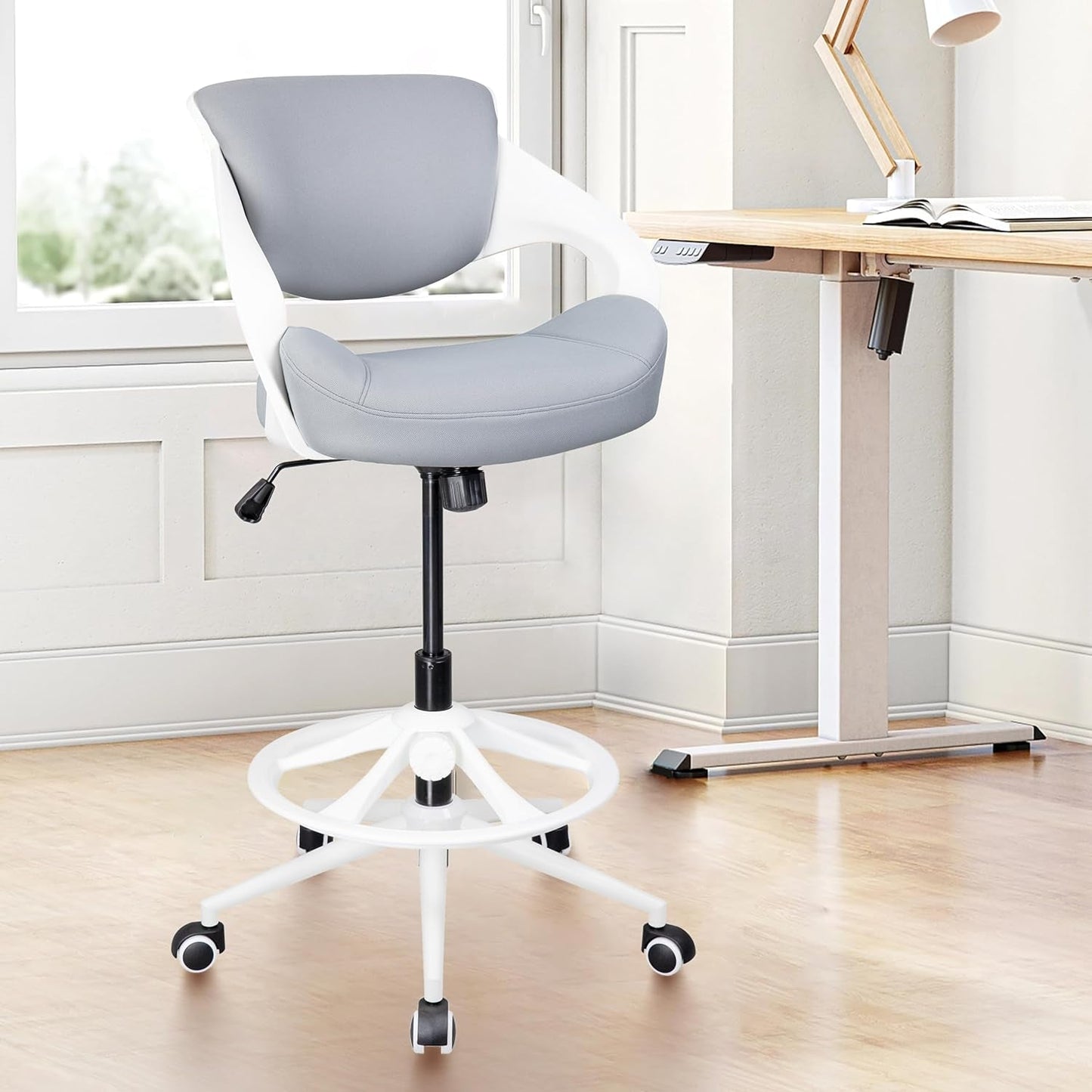 Ergonomic Drafting Chair,Standing Computer Desk Chair,Foot Ring,Lumbar Support,Swivel Task Chair -Grey-0