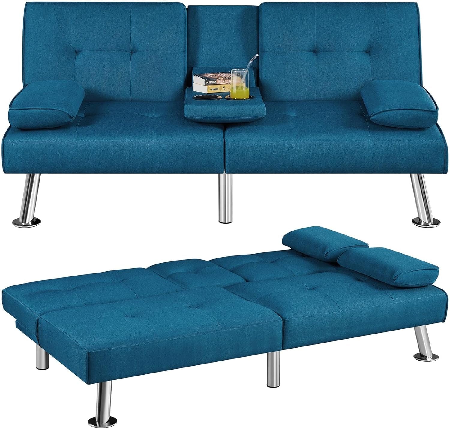 Convertible Sofa Bed Adjustable Fabric Couch Sleeper Modern Recliner Reversible Loveseat Folding Daybed Guest Bed, Removable Armrests, Cup Holders, 3 Angles, 772Lb Capacity, Aqua Blue-1