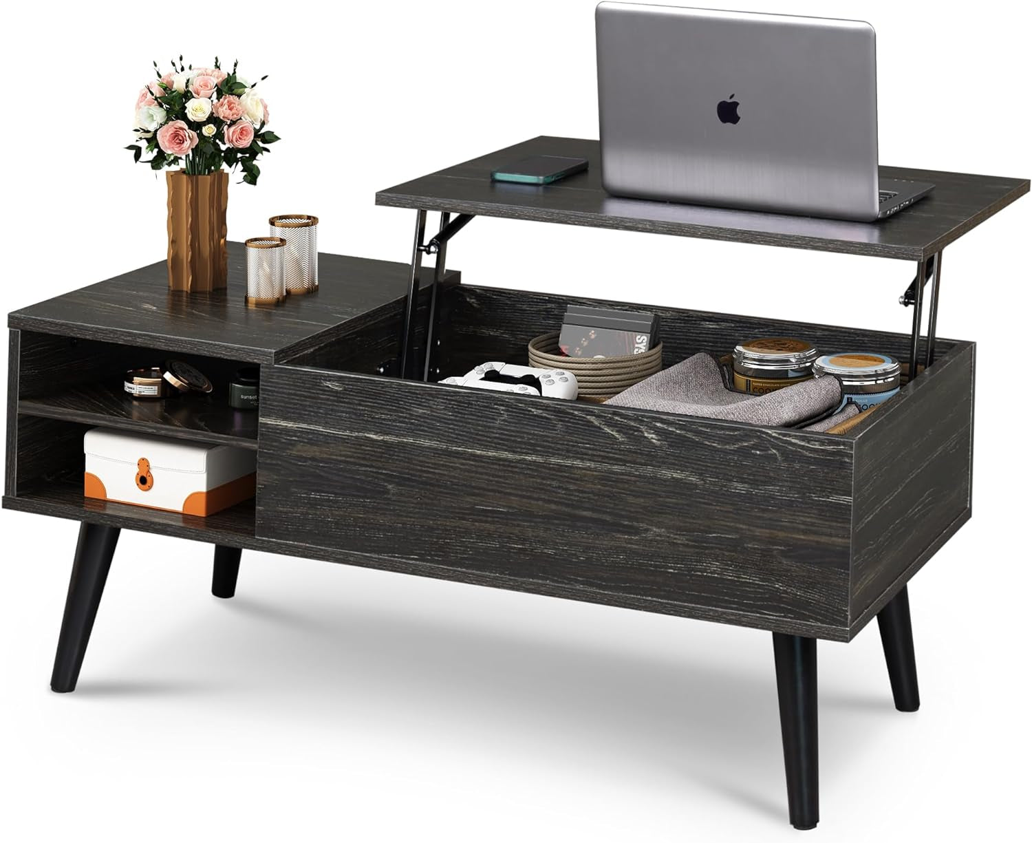 Wood Lift Top Coffee Table with Hidden Compartment and Adjustable Storage Shelf, Lift Tabletop Dining Table for Home Living Room, Office, Charcoal Black-0