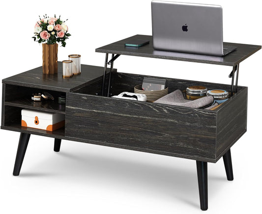 Wood Lift Top Coffee Table with Hidden Compartment and Adjustable Storage Shelf, Lift Tabletop Dining Table for Home Living Room, Office, Charcoal Black-0