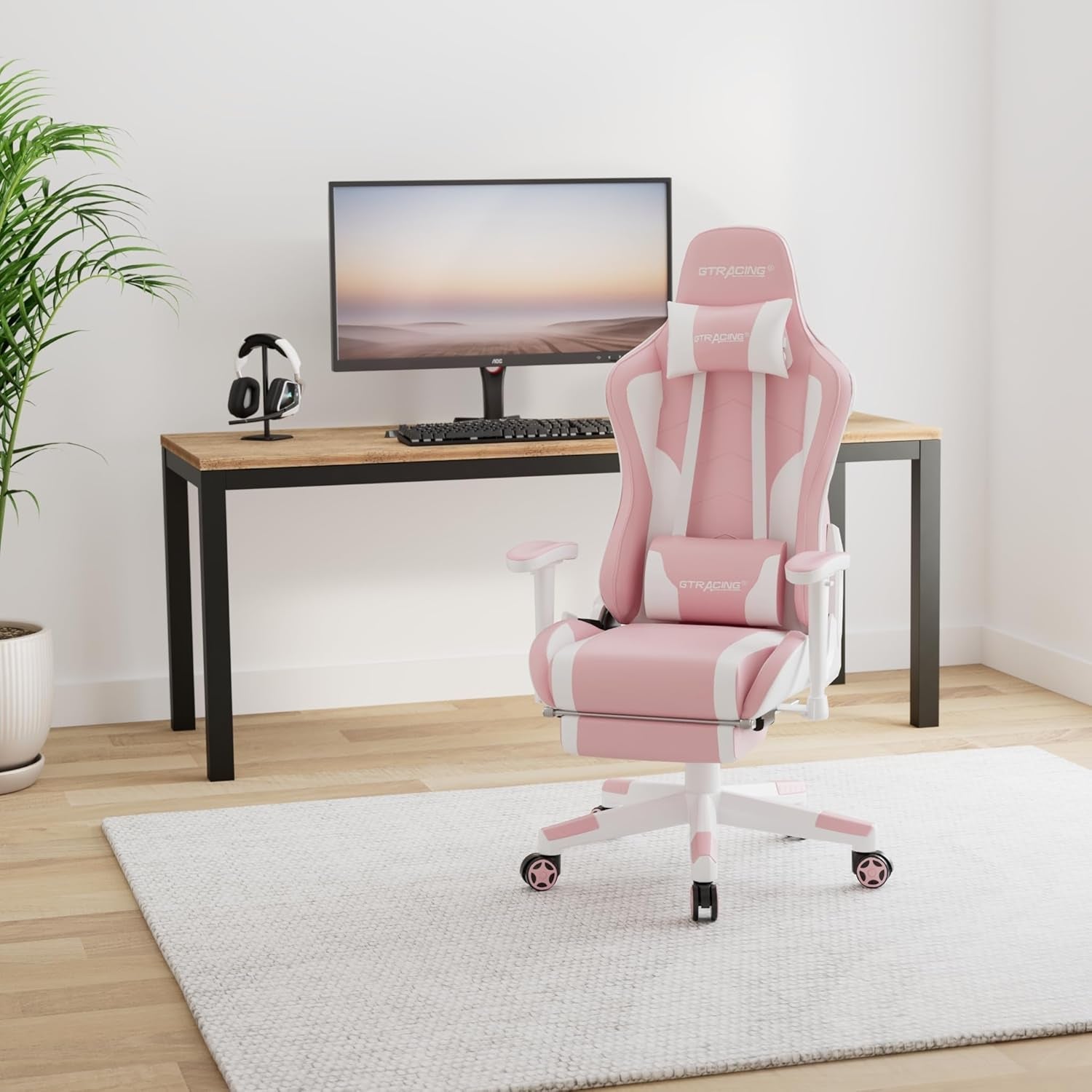Gaming Chair with Footrest Speakers Video Game Chair Bluetooth Music Heavy Duty Ergonomic Computer Office Desk Chair (Pink)-1