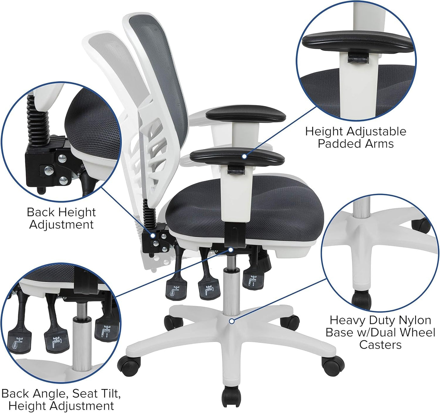 Nicholas Mid-Back Swivel Office and Gaming Chair, Ergonomic Mesh Office Chair with Adjustable Lumbar Support and Height, Gray/White-3
