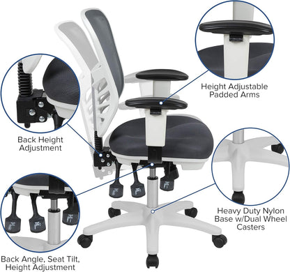 Nicholas Mid-Back Swivel Office and Gaming Chair, Ergonomic Mesh Office Chair with Adjustable Lumbar Support and Height, Gray/White-3