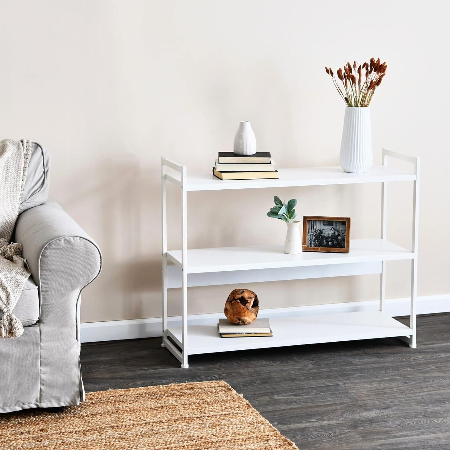 Jamestown Wide 3 Shelf Open Storage Bookshelf Scandinavian White and White Metal-4