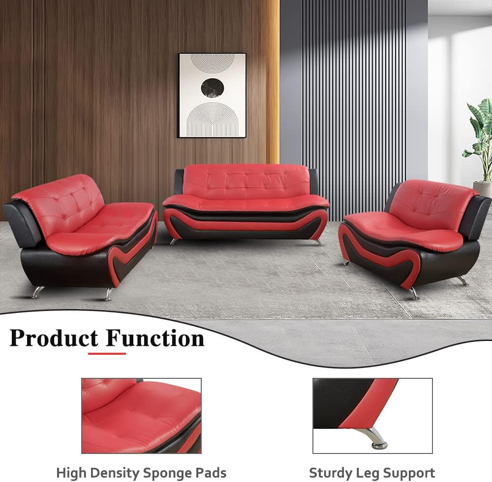 Living Room Furniture Set, Faux Leather Sofa Couch Set, 3 Pieces Modern Sofa Set for Living Room/Apartment/Office (Black&Red)-2