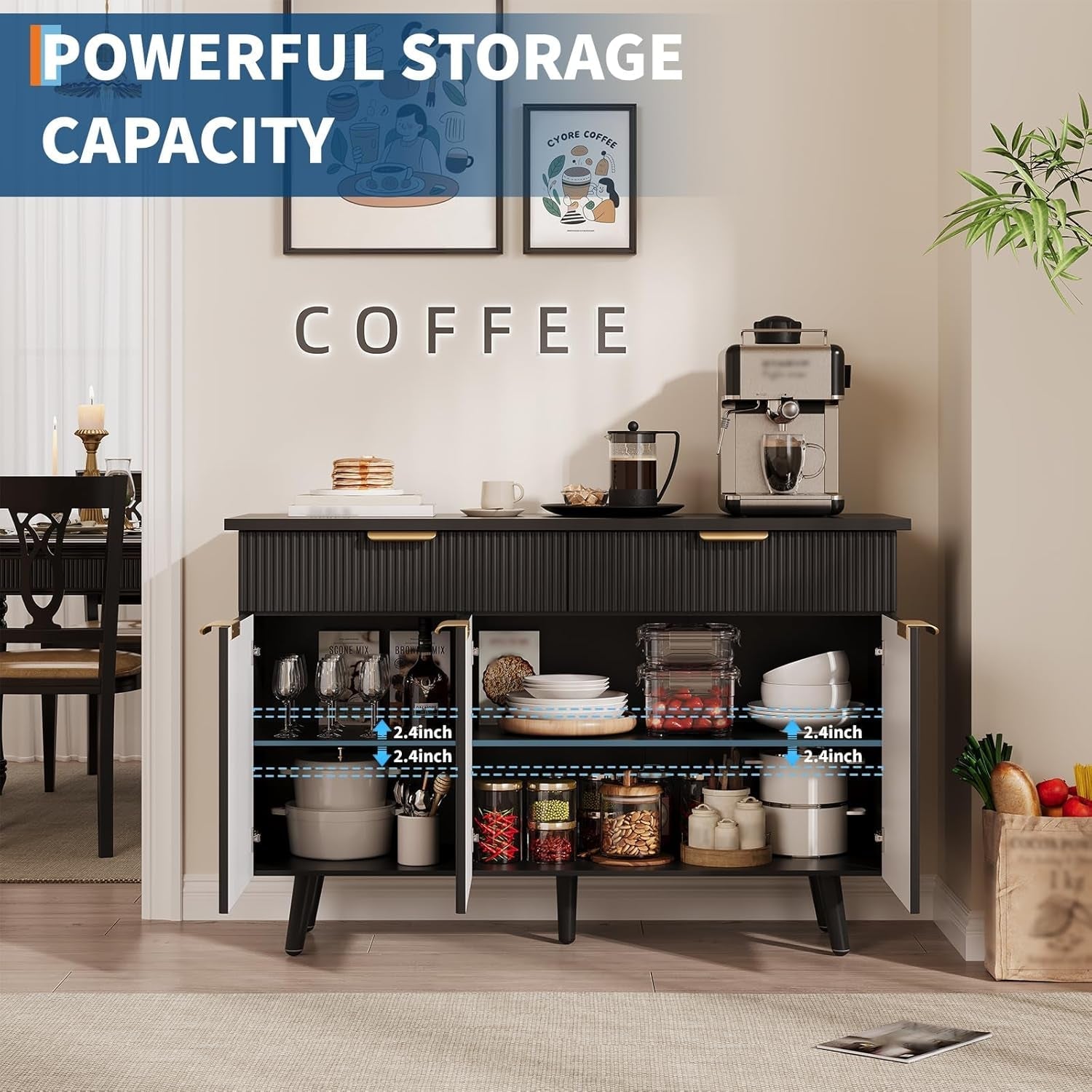 47In Black Sideboard Buffet Cabinet With Adjustable Shelves-3