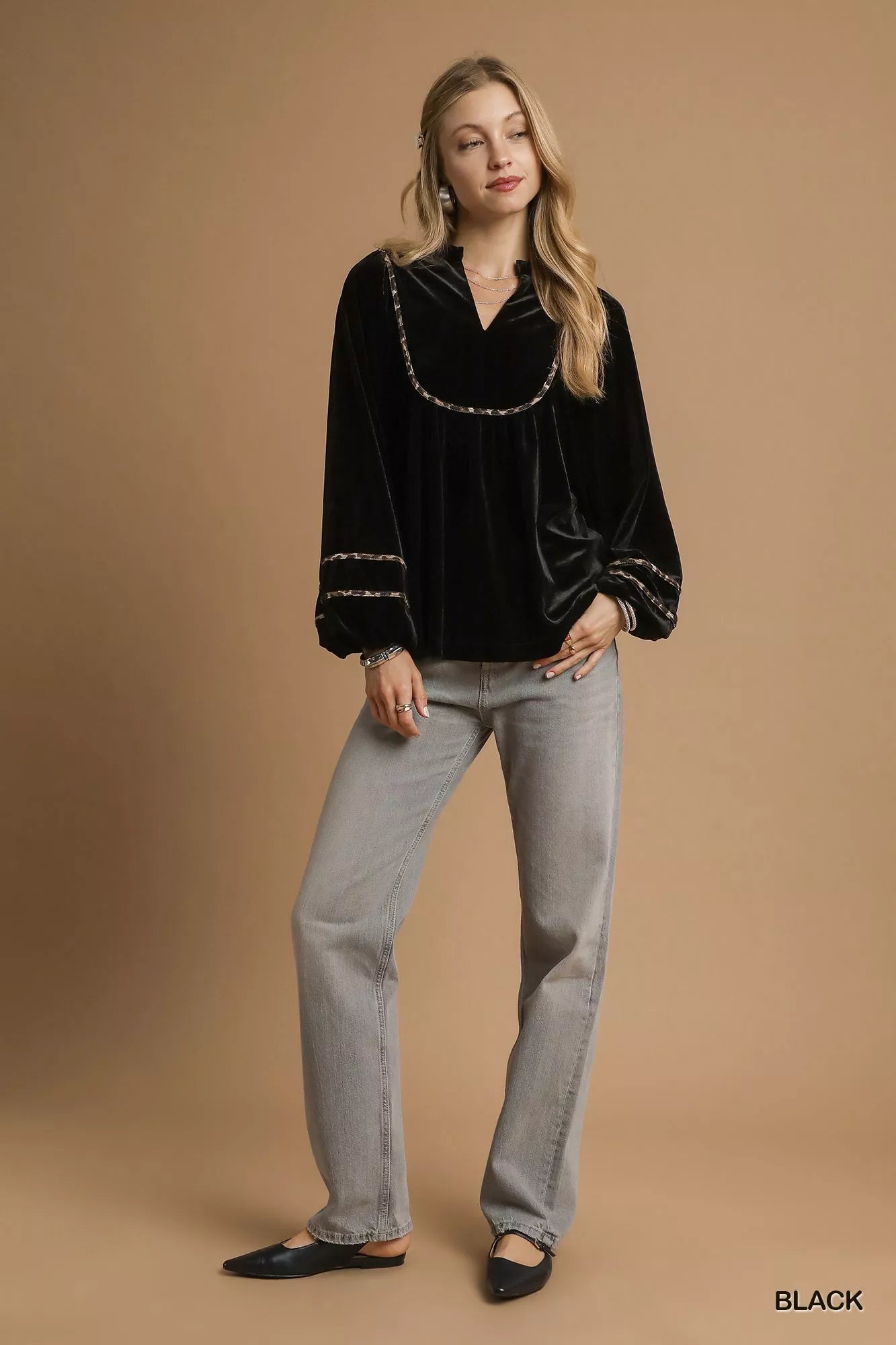Umgee Velvet Long Sleeve Blouse with Contrast Trim