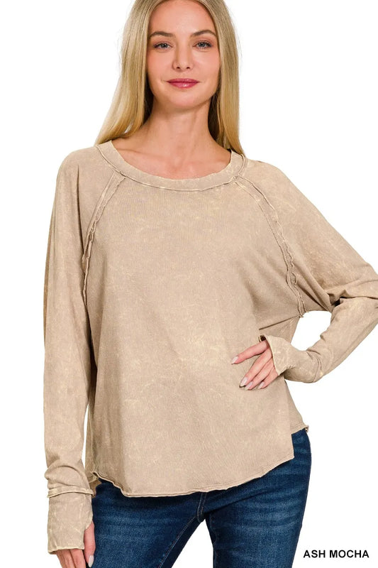 Zenana Crinkle Washed Thumb Hole Cuffs Long Sleeve Top